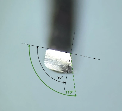 Querschnitt einer Kürette mit Schneidwinkel über 90° (110°) – geometrischer Beweis für Stumpfheit trotz optischer Schärfe